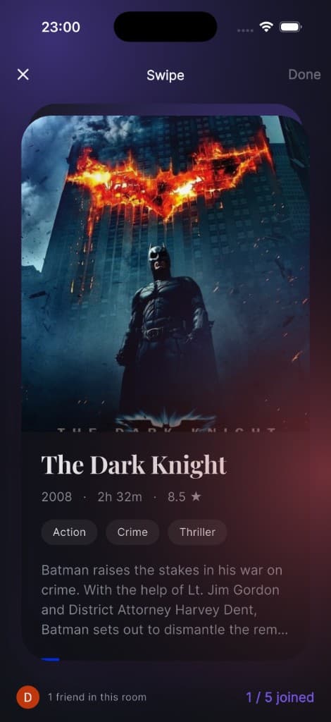 Synema swipe screen showing The Dark Knight movie card